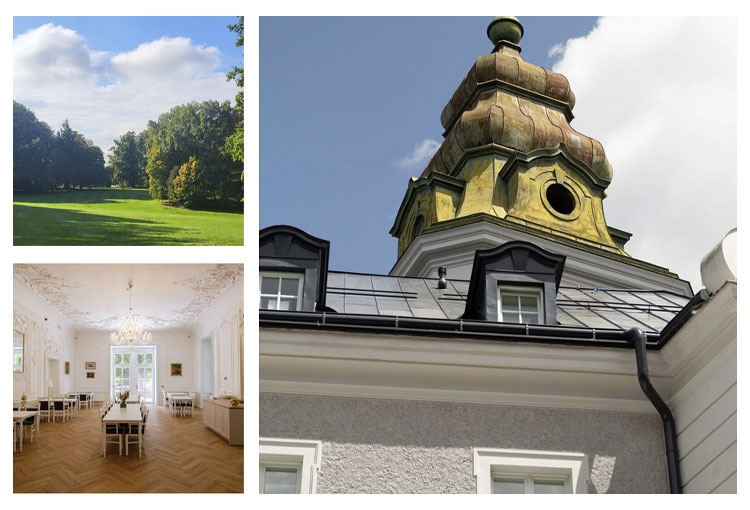 Live New Life Care Home #1 – exterior view of the restored historic building, peaceful garden area and elegant interior dining room in the Czech Republic