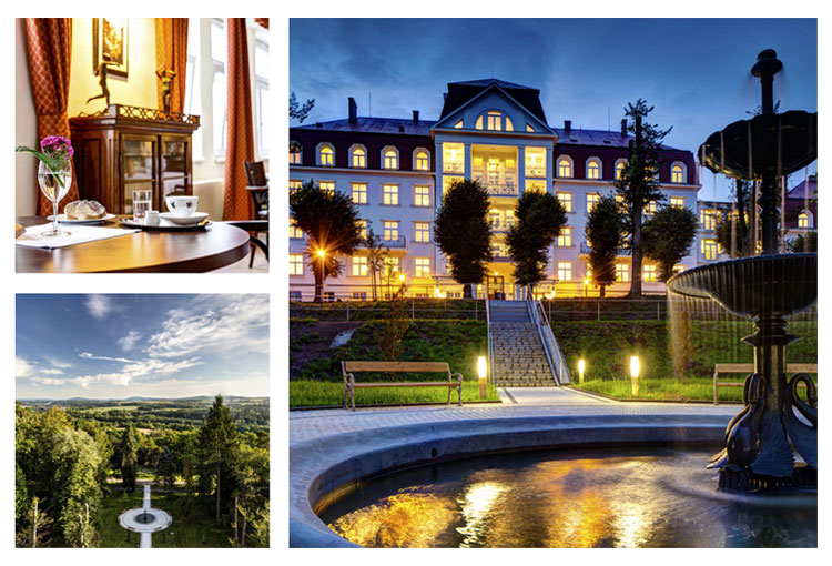 Live New Life Care Home #2 – evening exterior of the residence, peaceful garden with fountain, and elegant interior lounge in the Czech Republic